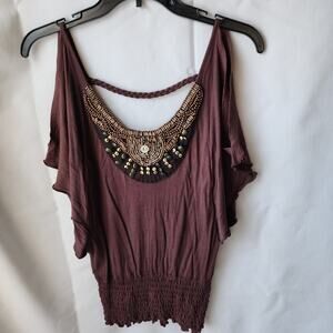 XOXO Beaded Boho Top Size Small Y2K Fairycore Braided Strap Blouse Burgundy/Wine
